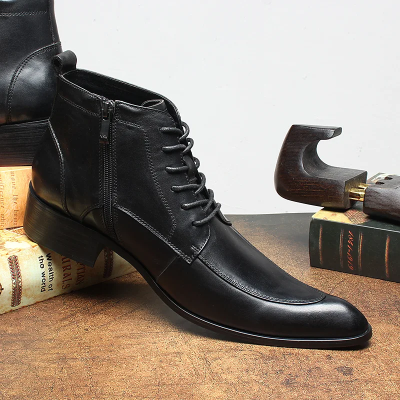 Fashion Personality Ultra Pointed Toe Men Boots Genuine Leather Height Increase Casual Shoes