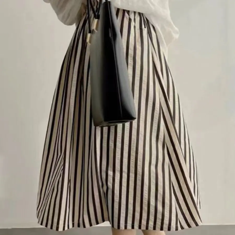 Korean Fashion Clothing Jupe Юбка Pleated Skirt Faldas Mujer Women Casual Elastic High Waisted Striped Skirts Vintage Y2k Skirt