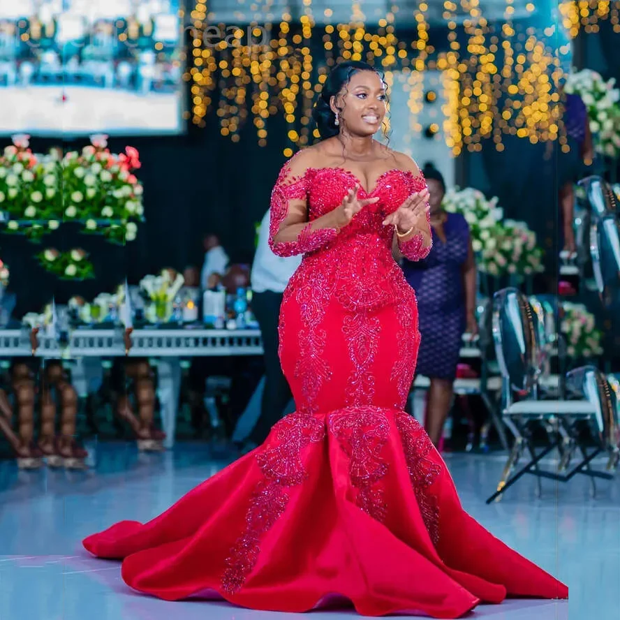 Aso Ebi Mermaid Prom Dress Beaded Crystals Fuchsia Lace Evening Formal Gowns Full Sleeves Applique Plus Size Party Dresses