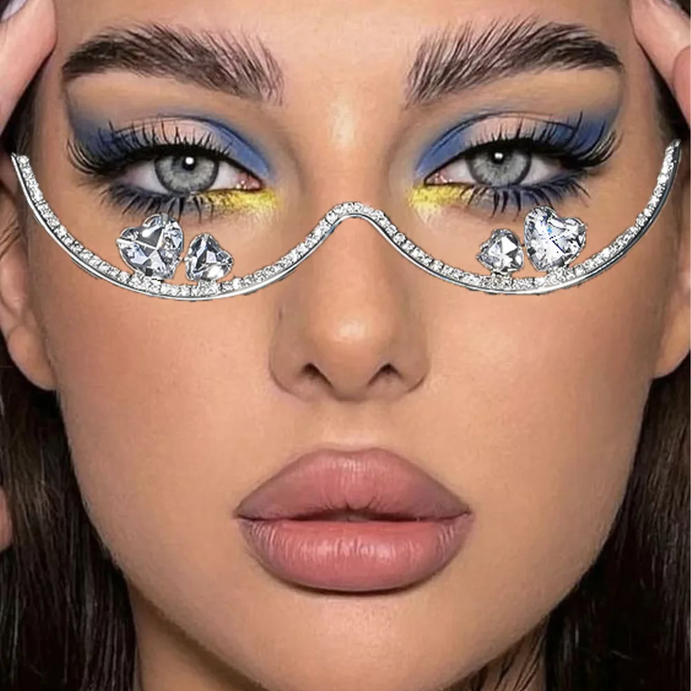 Designer Luxury Rhinestone Double Heart Glasses Frames Fashion Accessory for Women Y2K Cosplay Dance Face Jewelry 2025