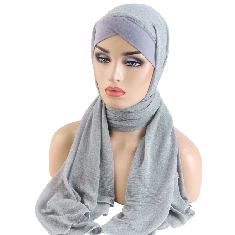 Muslim Hijab Solid Color Forhead Cross Long Scarf Strapped Shawl Middle Eastern Soft Multi-Color Scarf For Women Hijab Summer