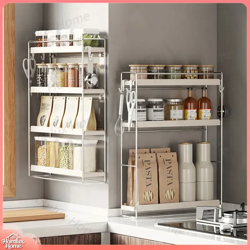 Wall Mounted Seasoning Rack for Kitchen Countertop Corner Organizer No Drill Wall Spice Rack Narrow Space Saving Storage