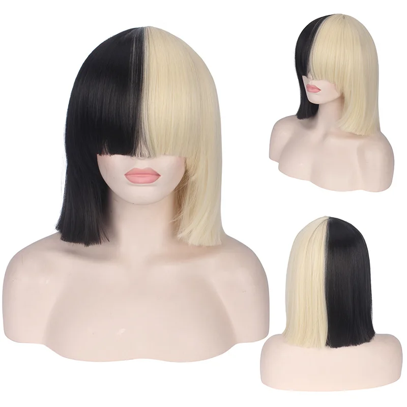 Perruque de cosplay de haute qualité Sia Alive This Is Acting, mi-noire et blonde, courte et droite, pour fête de Noël, perruques synthétiques
