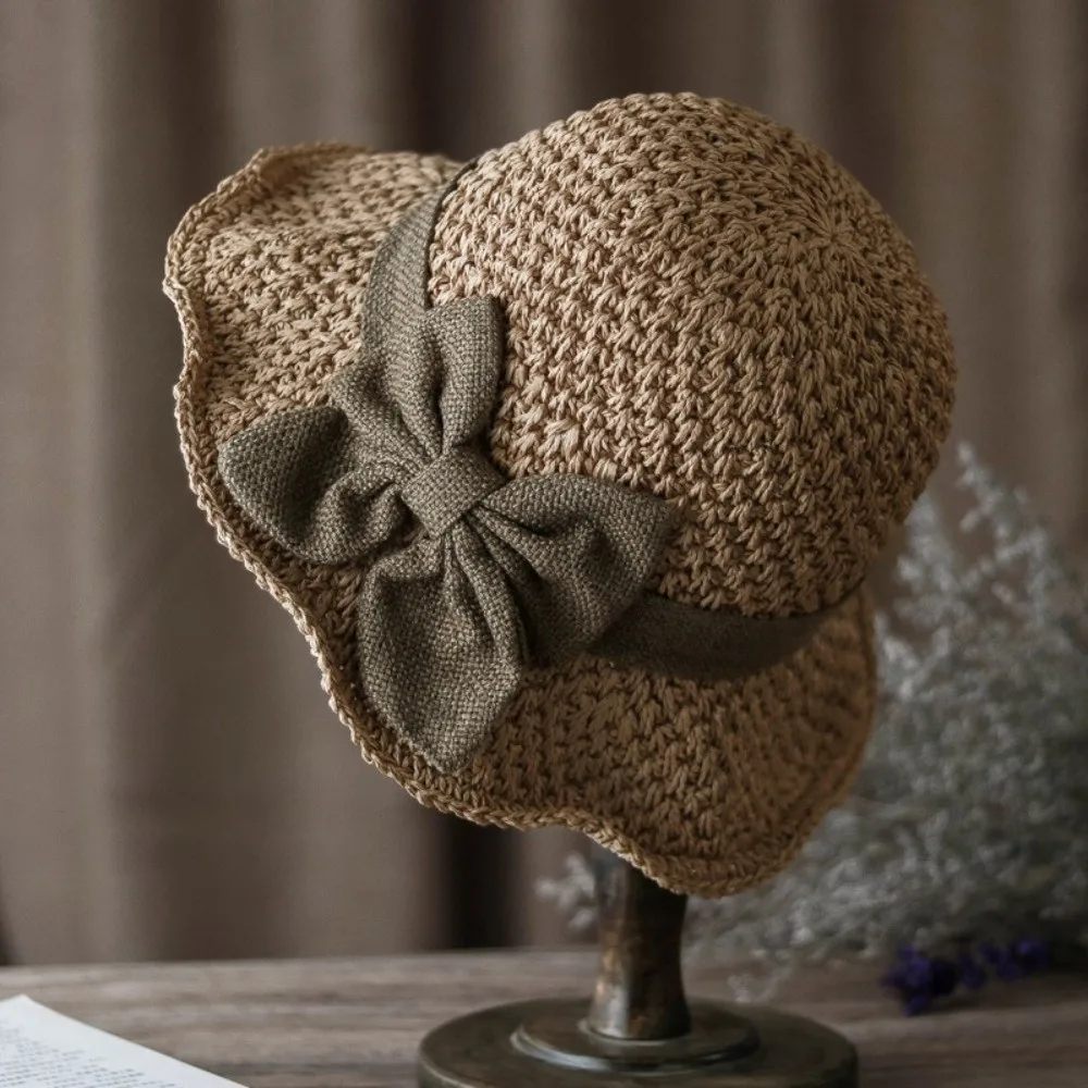 Vintage Breathable Braided Straw Hat Foldable UV Protection Beach Cap Wide Brim with Bow Round Top Hat Resort Wear