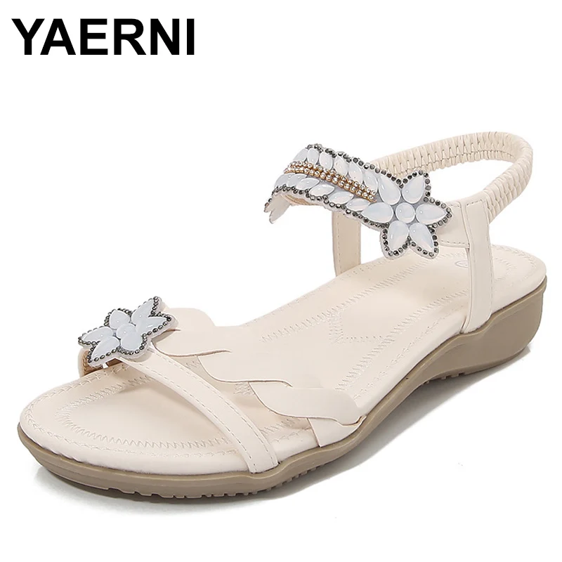 Summer Women 2cm Platform 3cm Wedges Low Heels Sandals Lady Bling String Bead Bohemian Large Size Feminine Crystal Sandals