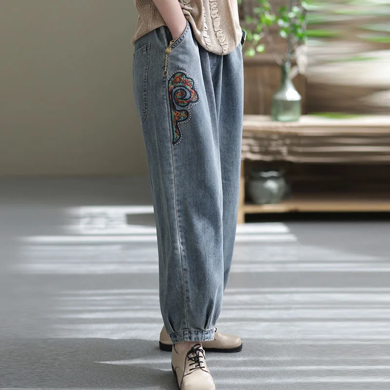 Mom Baggy Embroidery Harem Jeans Elastic High Waist Casual Korean Fashion Loose Vaqueros  Streetwear Vintage Women Denim Pants