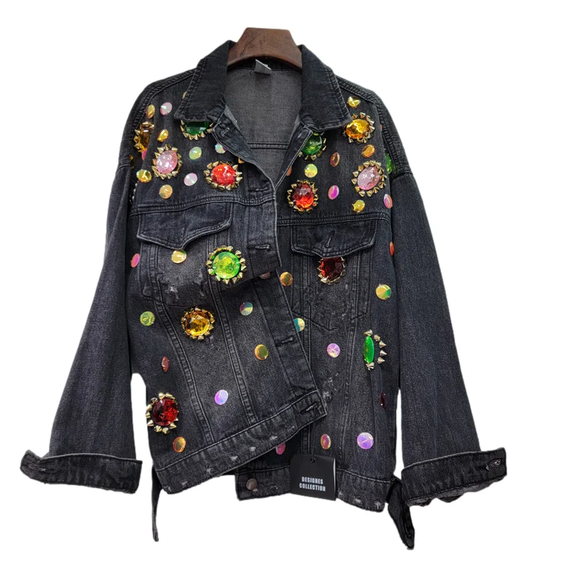 

Multicolour Diamonds Rivet Big Pocket Denim Jacket Women Loose Short Black Cowboy Outerwear Streetwear Jeans Jacket Coat Female