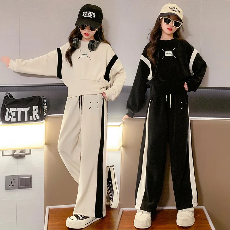 Girls Cropped Fitted Sweatshirt & Wide Leg Pants Set – 2-Piece Casual Outfit for Spring Autumn, Trendy Kids Wear
