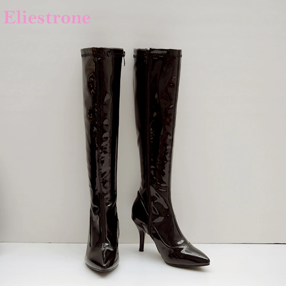 

New Winter Glossy White Red Women Knee High Boots Sexy Super Heels Lady Pole Dance Shoes Plus Small Big Size 12 32 44 46 48