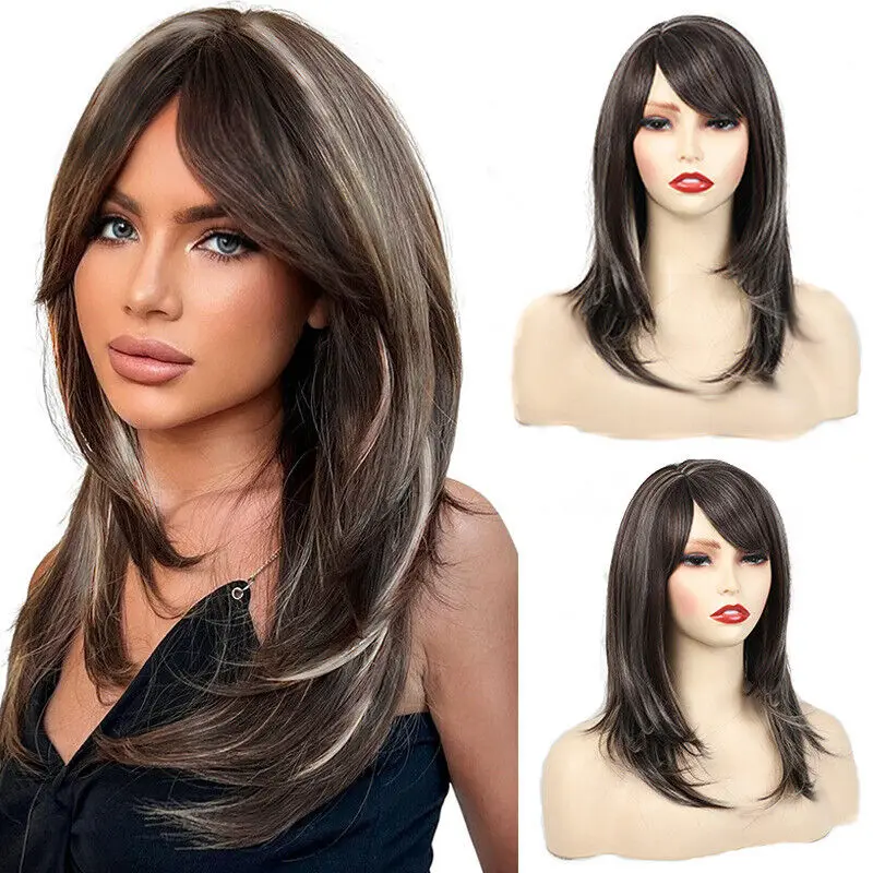 

Woman's Slanted Layered Bangs Long Straight Synthetic Wig