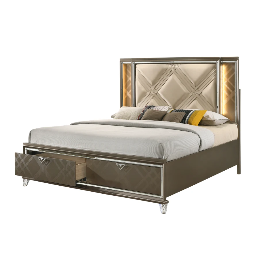 Full Bed w/Storage, LED, PU & Dark Champagne