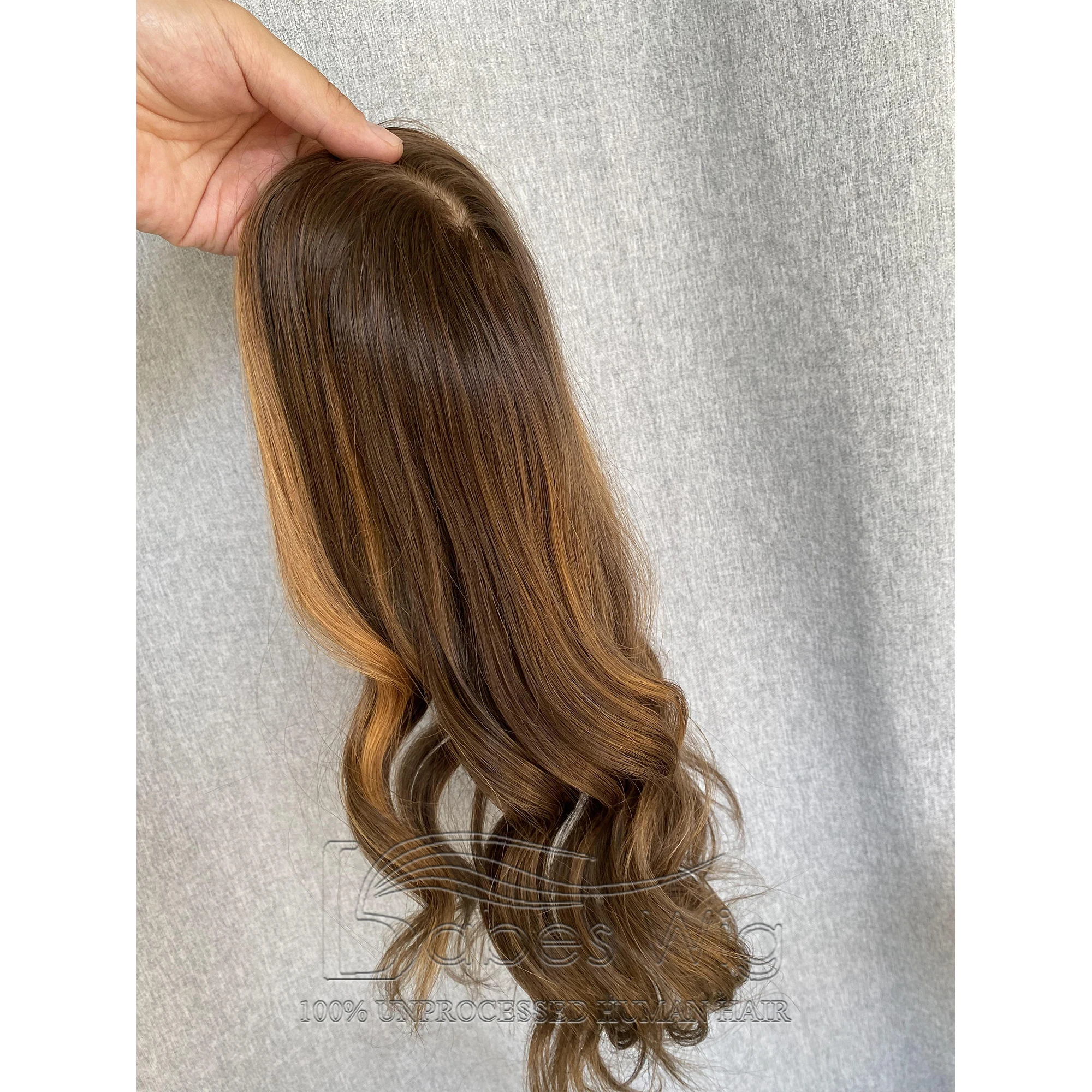 Balayage ondulado virgem remy cabelo humano topper base de seda com clipes em seda superior peruca de cabelo humano para mulheres brancas