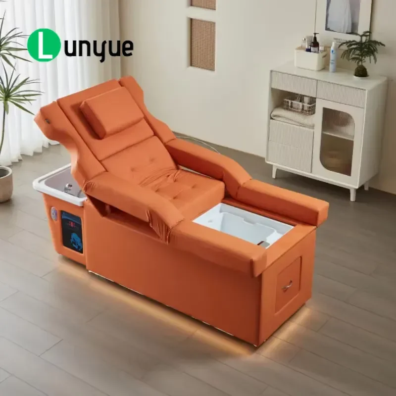 Luxury Adjustable Shampoo Bed with Foot Bath Function Piped Connection Head Treatment Chair for Beauty Spa Furniture