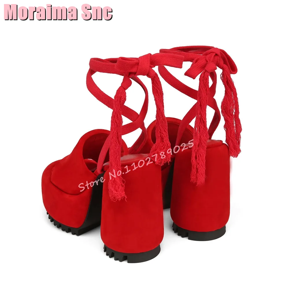 Sexy Platform Lace Up Open Toe Sandals Round High Heels Cross Strap Fluffy Fashion Women\'s Shoes Summer Red Solid 2024 Newest