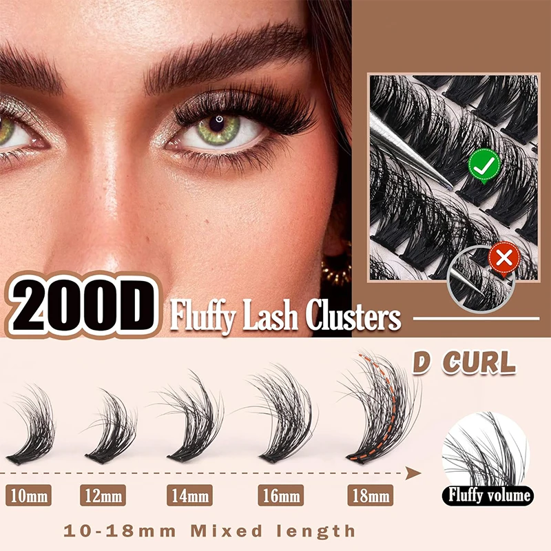 Fluffy Thick Lash Clusters DIY Eyelash Extension 10-18mm D Curl Lash Clusters 200D Wispy Individual Eyelash Extensions Clusters