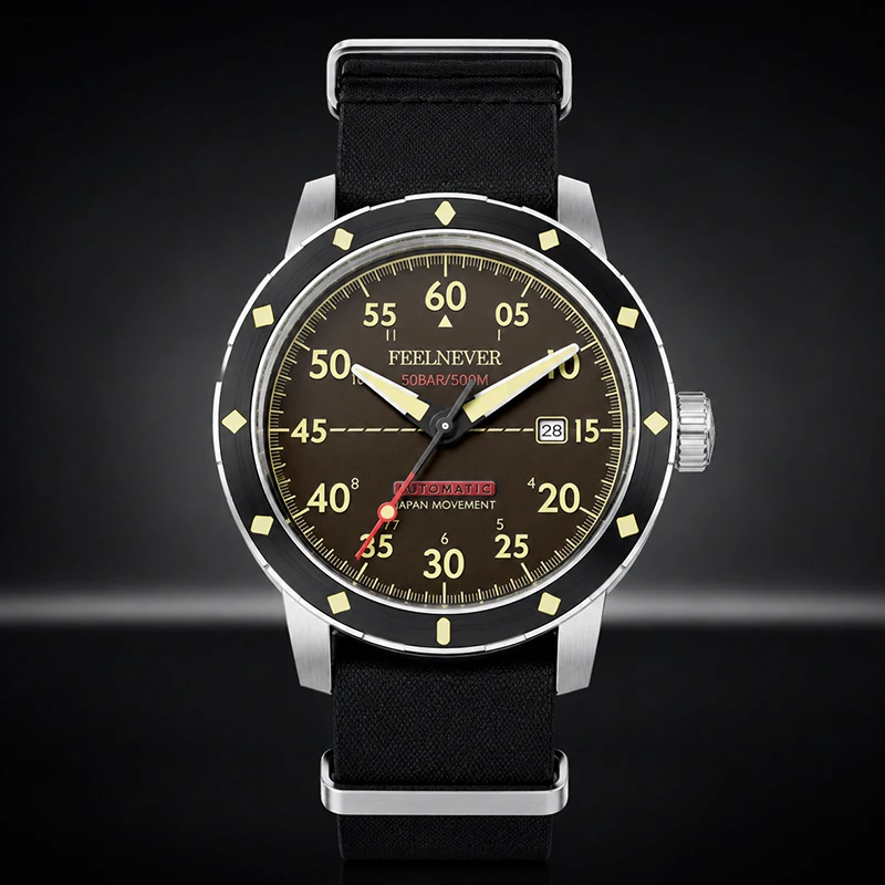 FEELNEVER Waterproof Automatic Watch For Men Sapphire Diver Watch Men Nylon Strap Sport Luminous Men's Mechanical Wristwatches