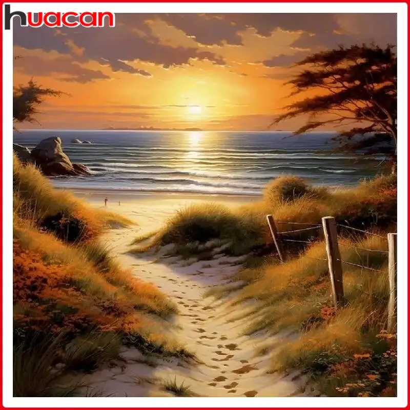 Huacan Diamond Canvas Painting Seaside Trail Scenery Drawing Full Drills Set Seascape Wall Decor Diy Gift