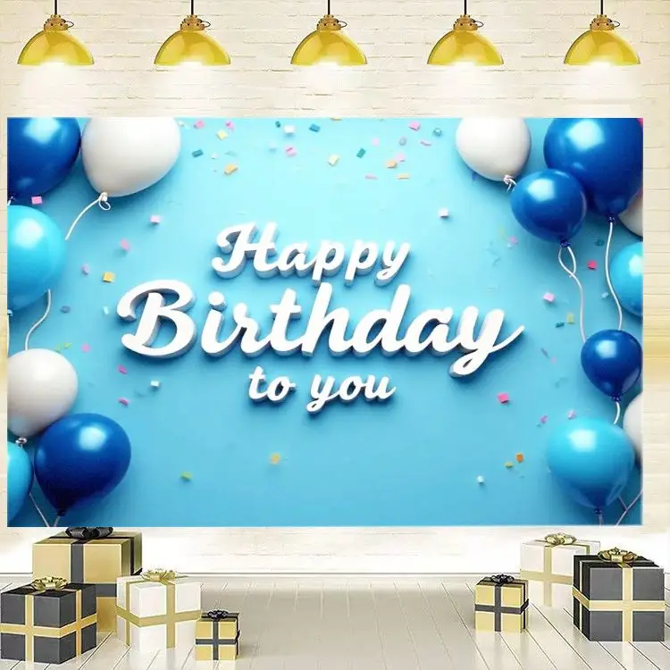 VIKAMA Happy Birthday Banner Tapestry Blue Background Foil Balloon Confetti Wall Hanging Decor for Birthday Party Photography