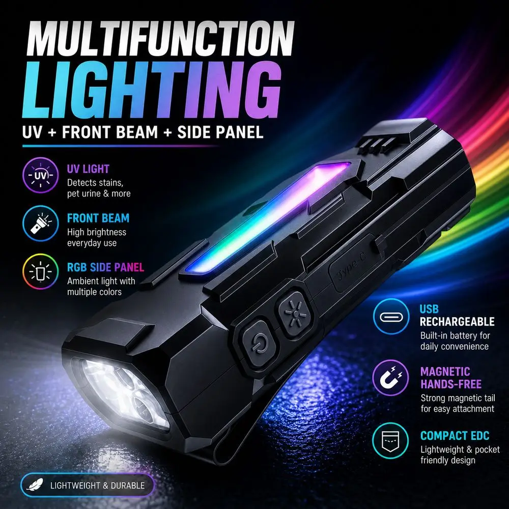 Flowing Side Light EDC Flashlight Magnetic Base Warning Light UV Flashlight USB Rechargeable Multicolor Ambient Light