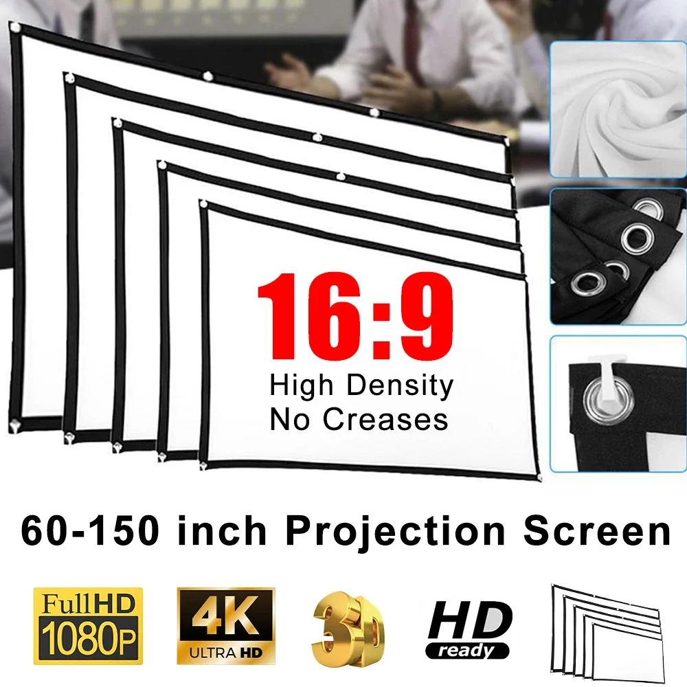 60-150 inch Foldable 16:9 Projector Screen Portable High Density White No Creases Soft Home Movie Theater HD Projection Screen