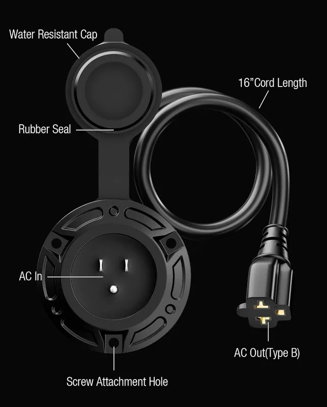 ملحقات مدخل الطاقة RV Shore المقاومة للماء شديدة التحمل 20 أمبير 125 فولت، محول T-Blade 5 في 1 مع سلك تمديد 16 بوصة للخارجية #3