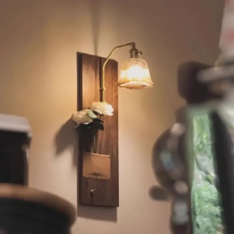 Retro Wooden Wall Lamp Medieval Wabi Sabi Style No Wiring Needed for Living Room Entrance Aisle Balcony Bedroom Bedside Decor