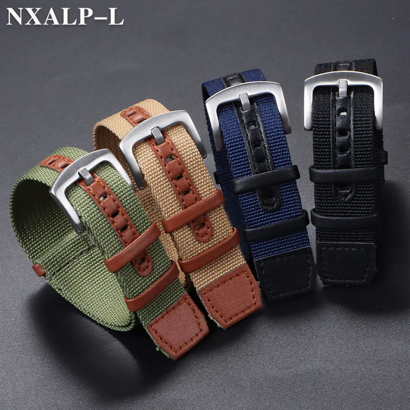 20mm 22mm Nylon Patch Leather Strap Green Brown Canvas Bracelet Men\'s Military Sport Watchband for Rolex for Seiko Wristband