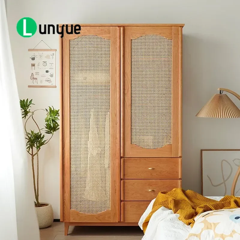 Nordic Solid Wood Wardrobe Japanese Rattan Door Large Clothing Storage Cabinet For Master Bedroom Household Furniture