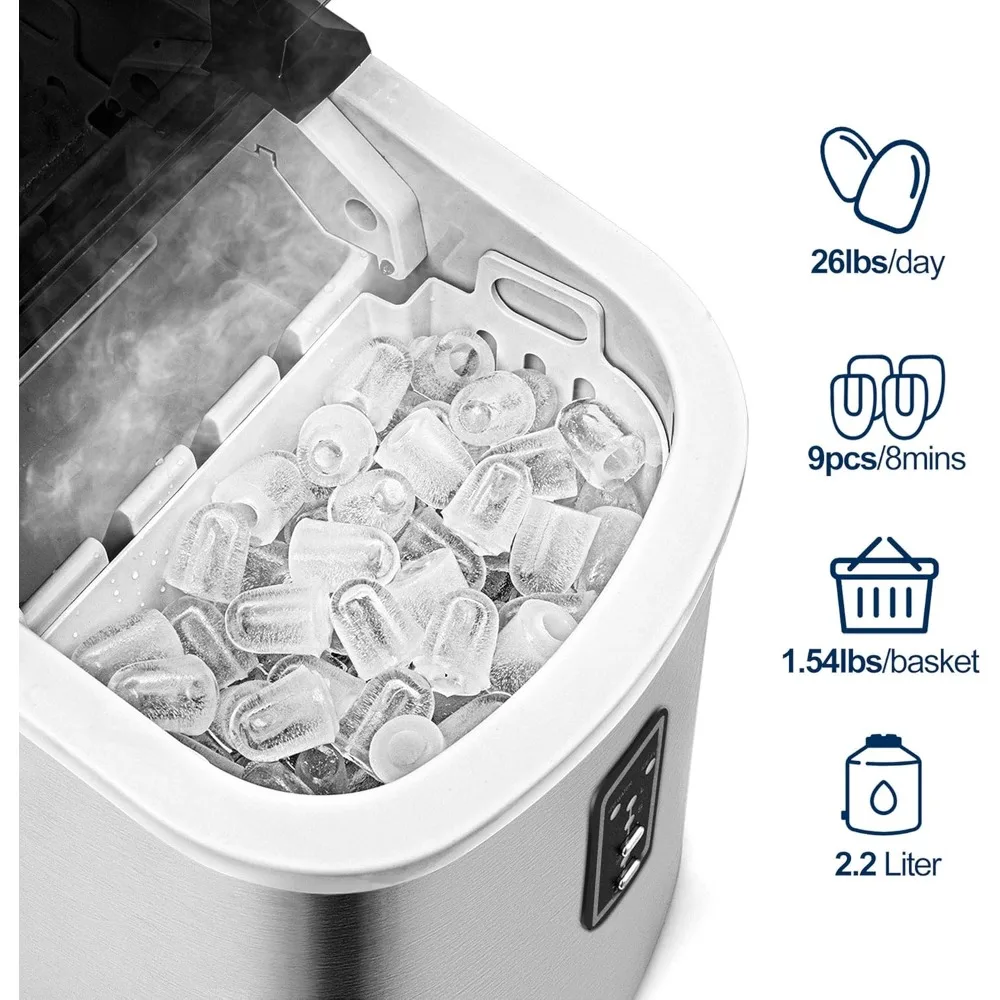 Máquina Elétrica Haoyunma Ice Maker, Bancada, Compact Potabl, 9 Cubos Pronto em 8 Mins, 26 lbs em 24 Horas