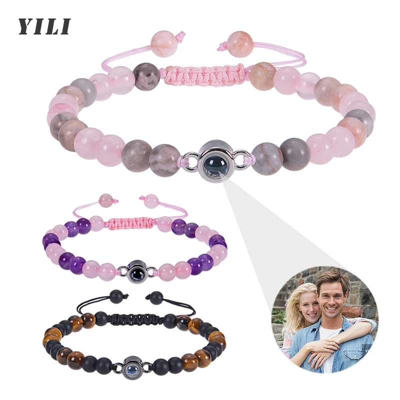 Pulsera de proyección de foto personalizada para pareja, pulseras de cuentas de piedra de cebra de cristal, pulseras de imagen personalizadas,