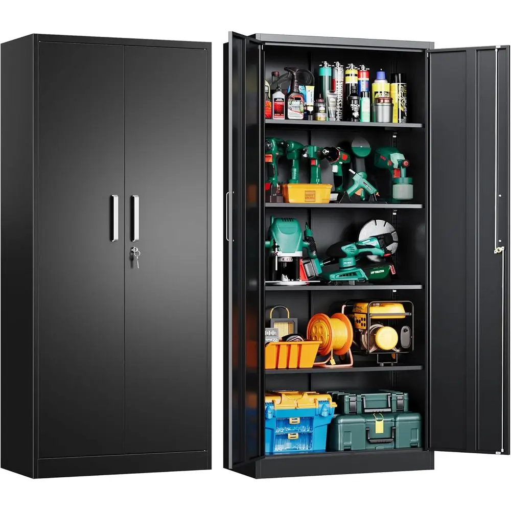 

Металлический гаражный шкаф для хранения с дверцами и регулируемыми полками, 71 дюйм в высоту, стальной органайзер-шкаф для гаража, запираемый шкаф