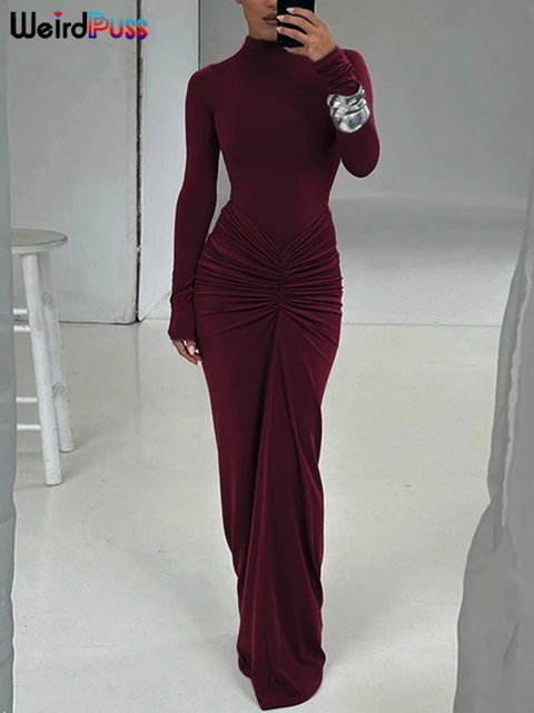 Weird Puss Hipster Ruched Dress Women o-NeckFull Sleeve Skinny Stretch Robe Autumn Trend Simple Classic Pleats Long Bodycon