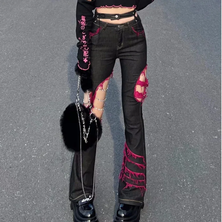 IMU Japanese Punk Girl Black Jeans Subculture Hollow Out Diamond Chains Hot Girl Sexy Cowboy Sweet Cool Cute Slim Flare Denim Pa
