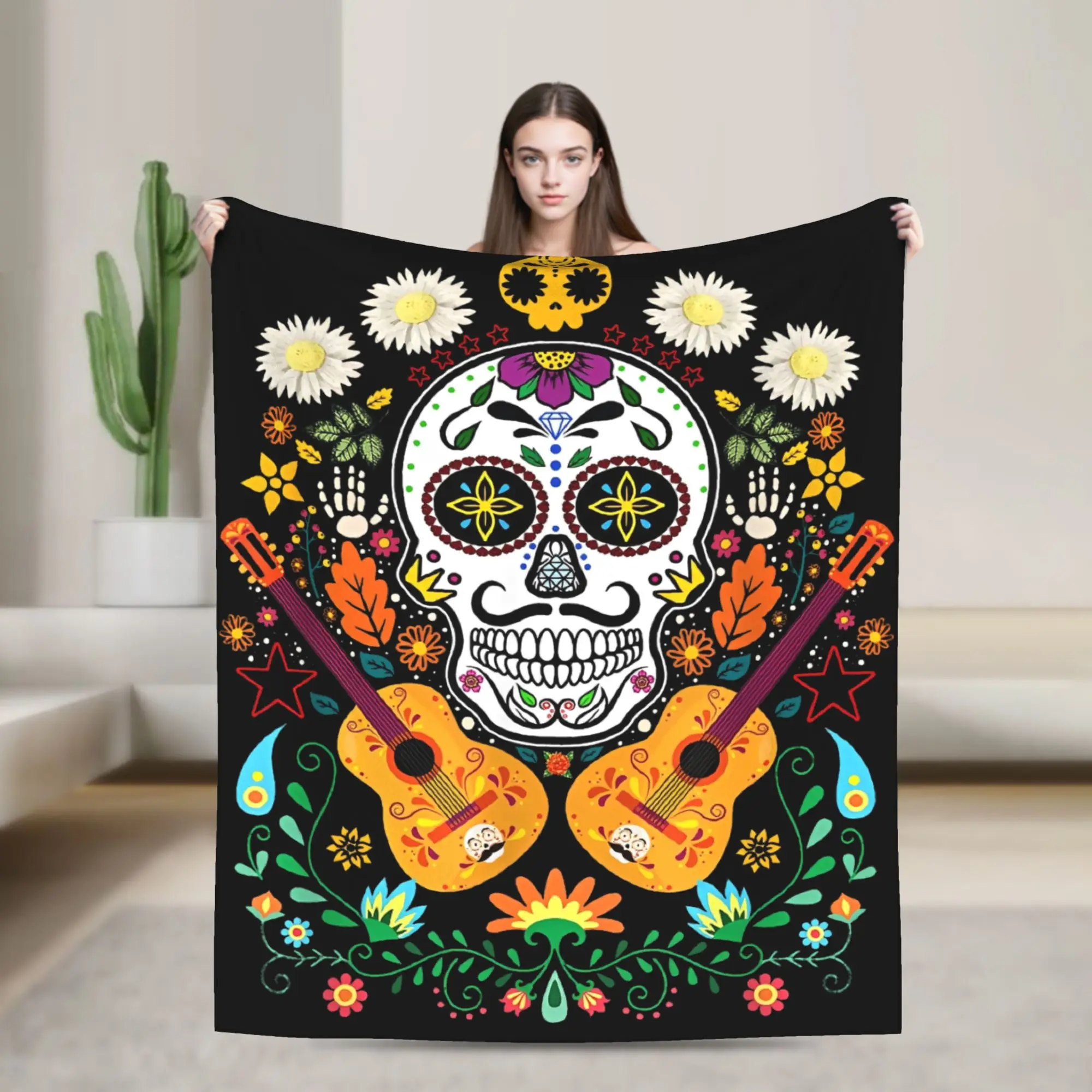 Flower Guitar Skull Day of the Dead Blanket Cover  Fuzzy Throw Blankets Summer Air Conditioning Decoration Lightweight Bedspread
