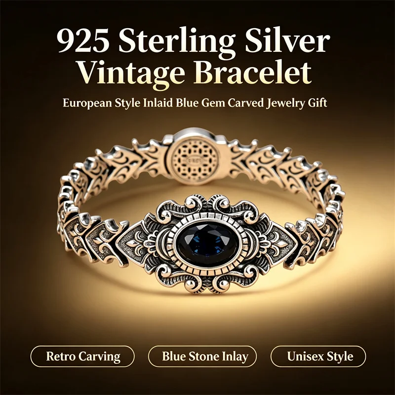 OUYADI S925 Pure Silver Men Women Bracelet Retro European Style Inlaid Blue Gem Vintage Carved Wrist Jewelry Gift