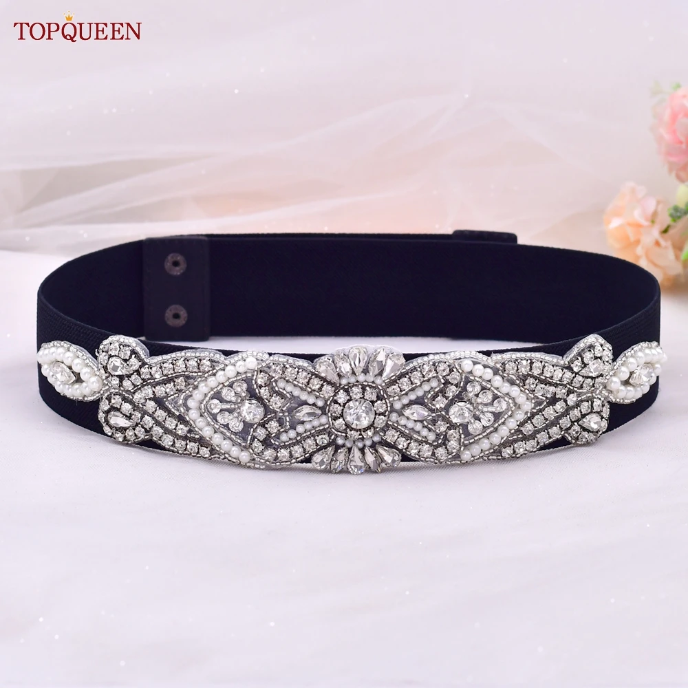 

TOPQUEEN S208-B Women Luxury Dress Elastic Belt Fashion lady Overcoat Accessories Pearls Diamond Elegant Decoration High Quality