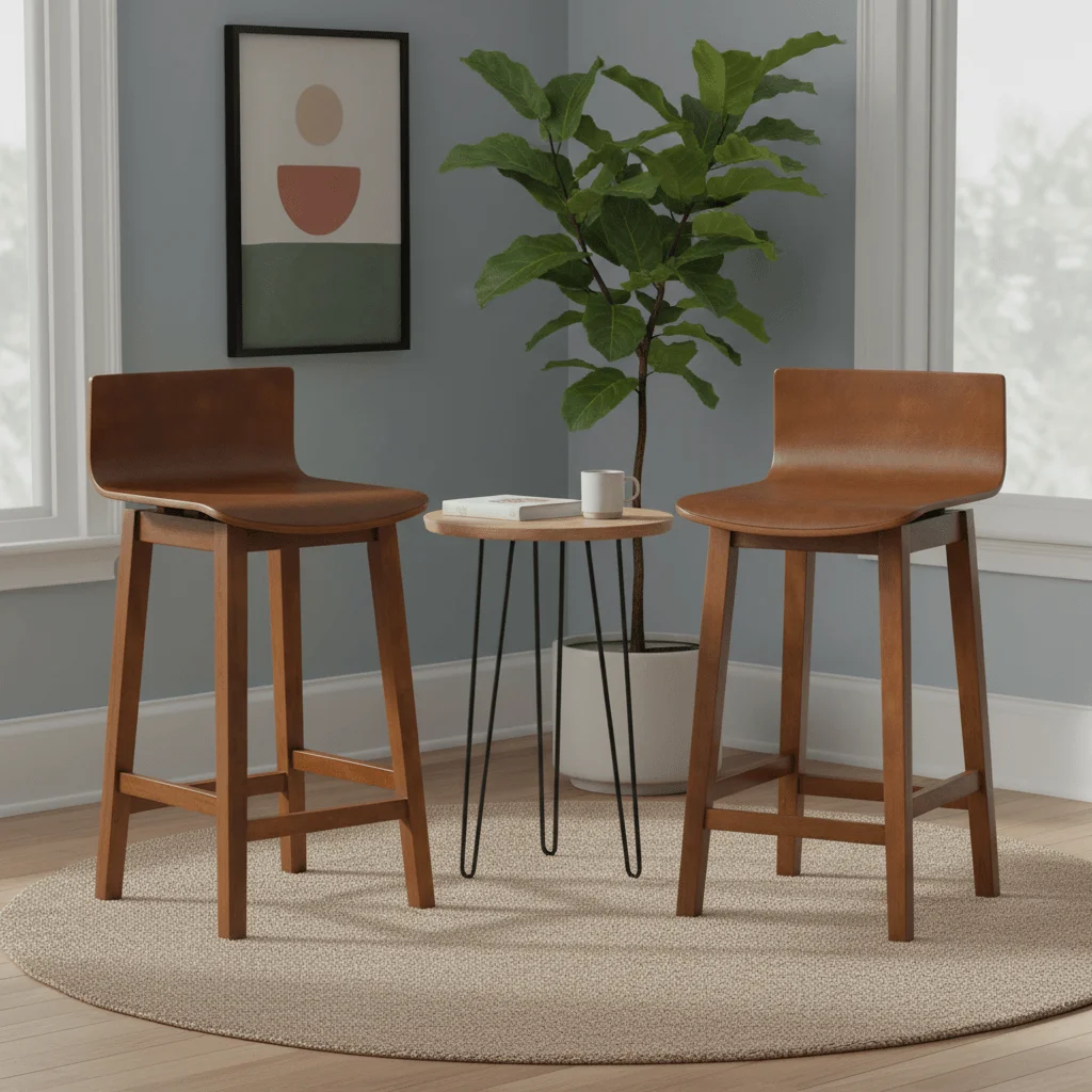 

Set of 2 Modern Swivel Bar Stools Footrest Wood Legs Counter Bar Chairs for Kitchen Island Home Bar Dining Room Design
