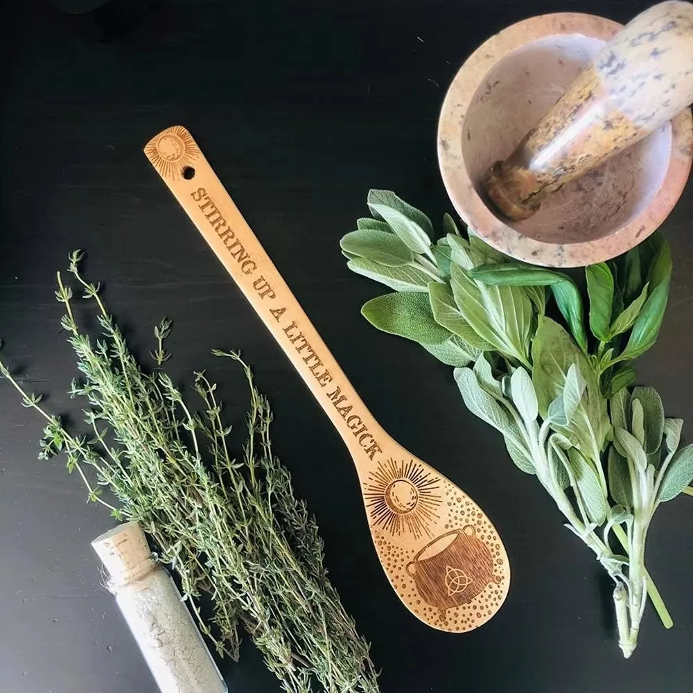 Wooden Halloween Witch Stirring Spoon Broom Witch Cauldron Design Large Size Halloween Witchy Decorative Spoon Eco-Friendly