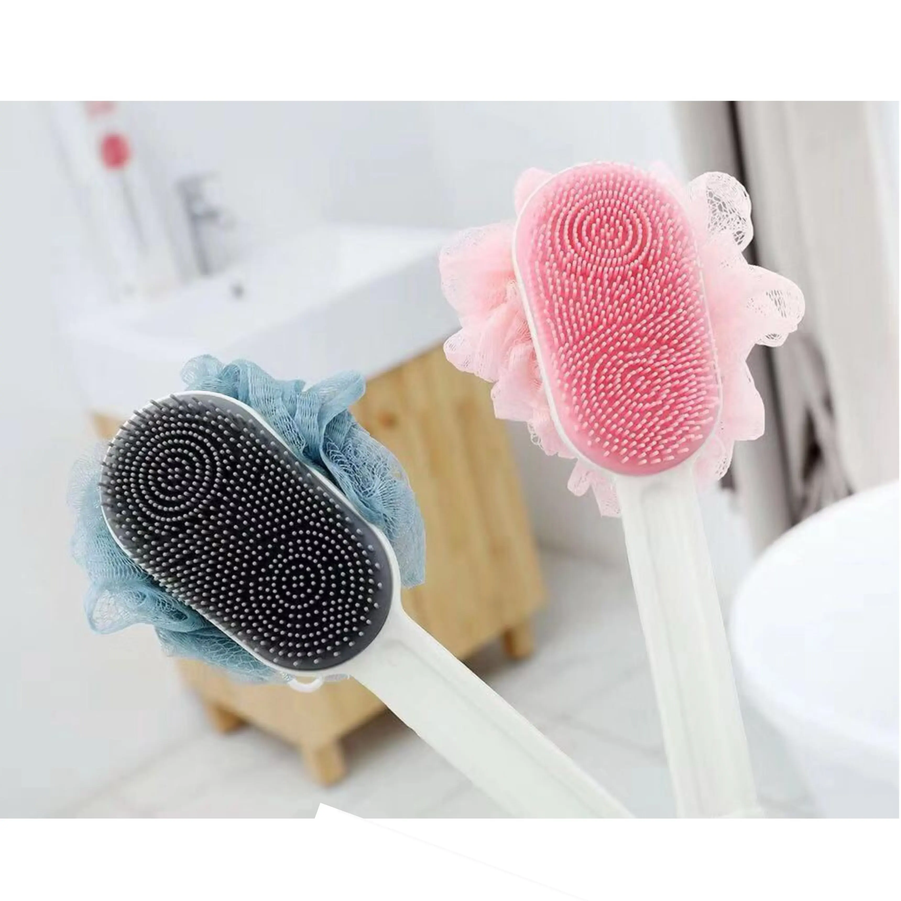 Long-handled silicone bath cleaning brush two-in-one double-sided bath and back massage artifact