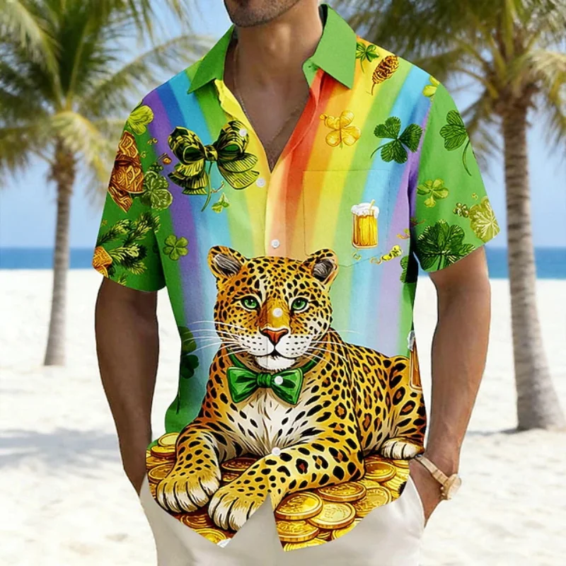 St.Patrick's Day Four Leaf Clover Casual Holiday Shirts for Men Women Daily Wear Going Out Turndown Short Sleeves Hawaiian Shirt
