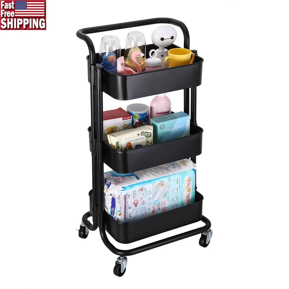 

3-Tier Rolling Utility Cart Metal Kitchen Organizer Storage Trolley Rack with Wheels Multi-function Mobile Shelf Home Use