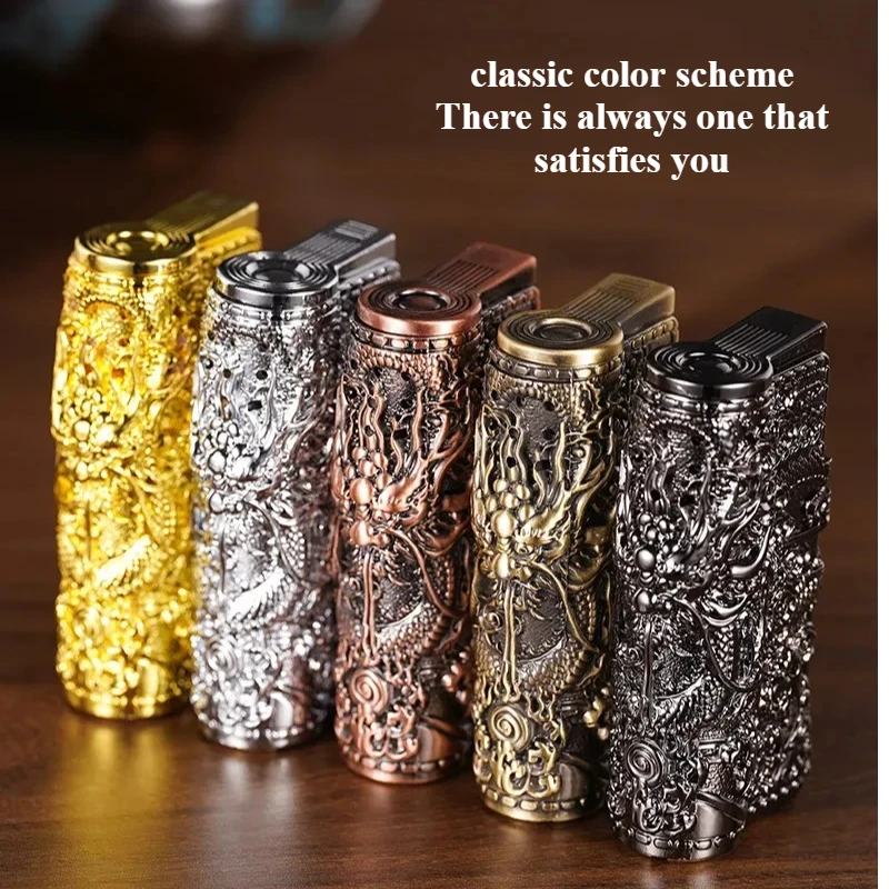 Retro grinding wheel open flame lighter three-dimensional relief auspicious dragon lighter cigarette accessories men's gift New
