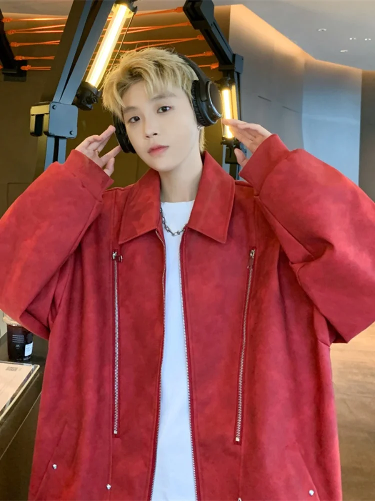 

American Retro PU Leather Jaet Men's Double Zipper Flip Collar Top Autumn Winter Faionable Casual Loose Fit Windproof