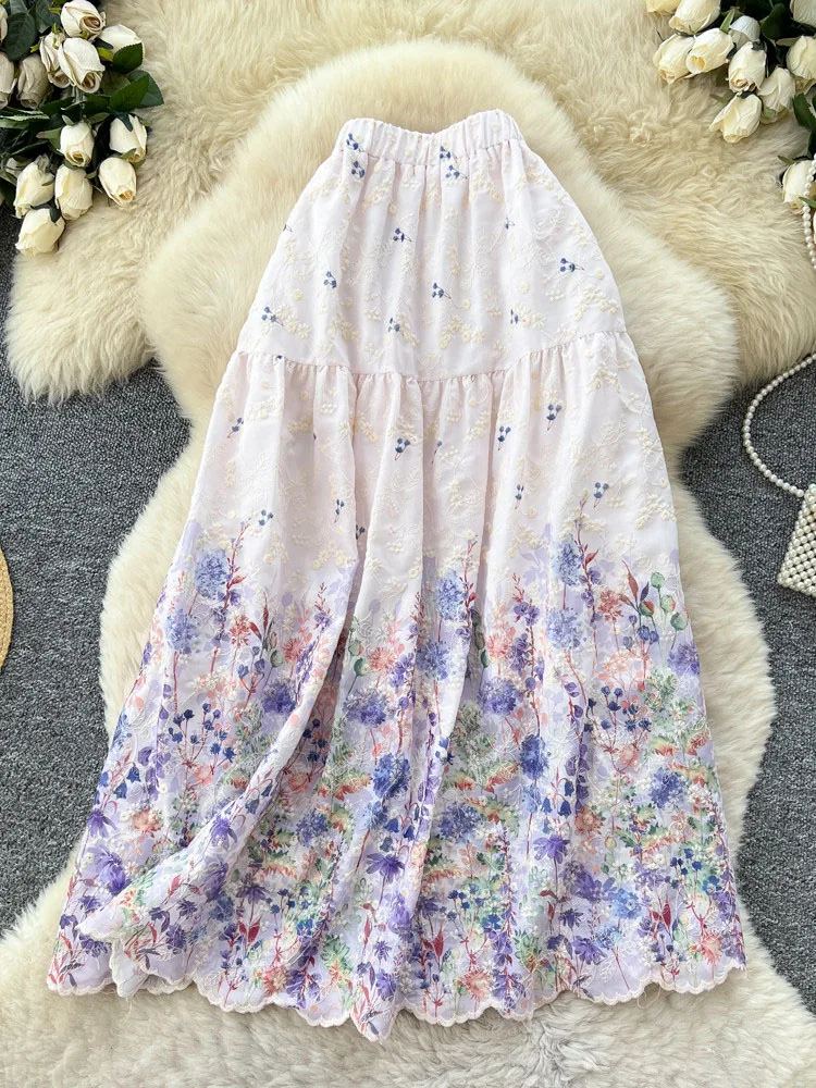 Women Skirts French Countryside Style Floral Print A-Line High-Waisted Summer Versatile Unique Floral Patchwork Midi Skirt SK093