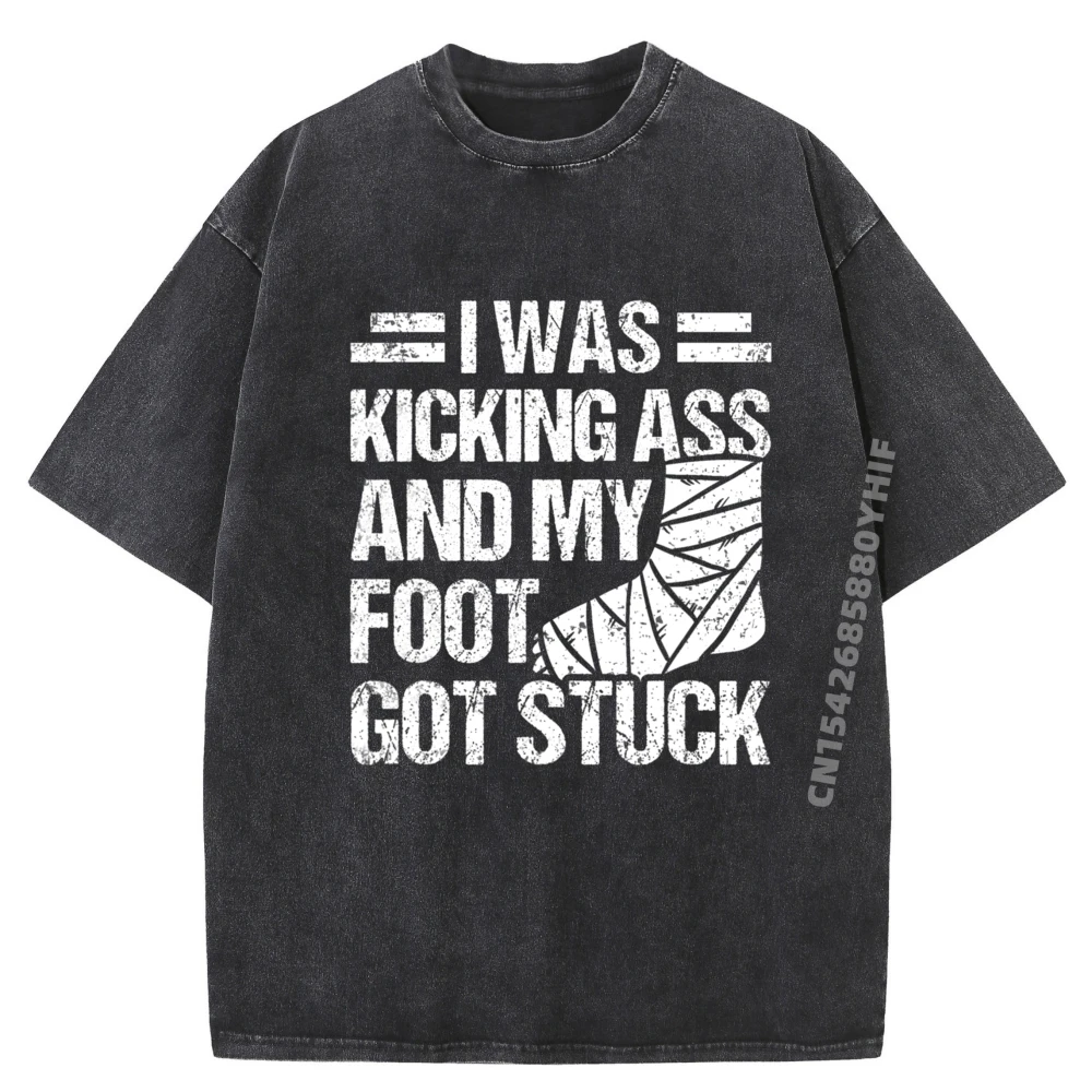 

Funny Broken Foot Leg Injury Get Well Soon Hospital Visit Graphic Tees Men's Cotton T-Shirt Loose Washed Shirt