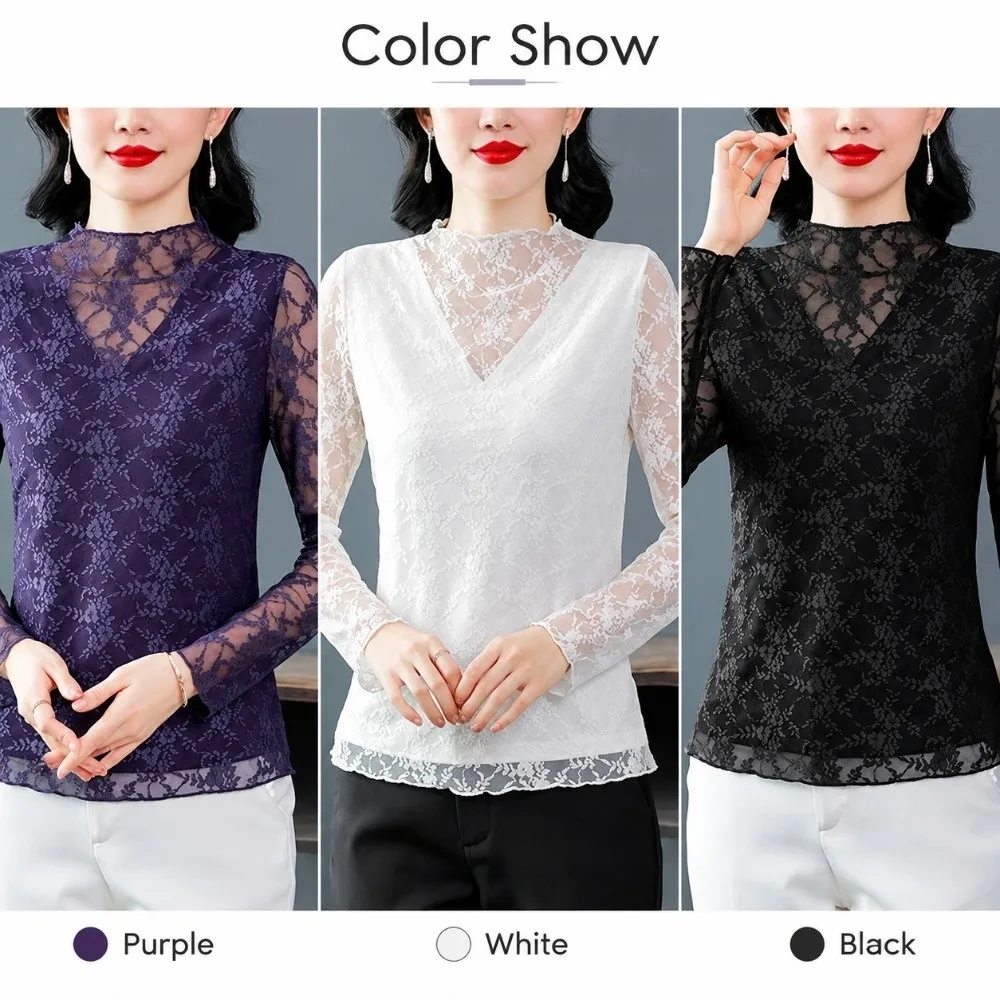 Fake V Neck Women Lace Shirt Stretchy Mesh Floral Lace Mock V Neck Blouse Long Sleeve Hides Extra Fat Long Sleeve Top
