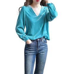 Korean Woman Clothes Fall Winter Women V Neck Black Purple Velour Shirts Tops Casual Women 4XL 5XL Velvet Blouse vetement femme