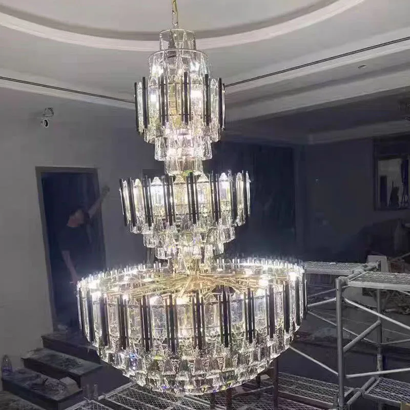 Postmodern Staircase Crystal Chandelier Three Layer Modern Living Room Villa Duplex Building Stairs Atmospheric Long Big Lamps