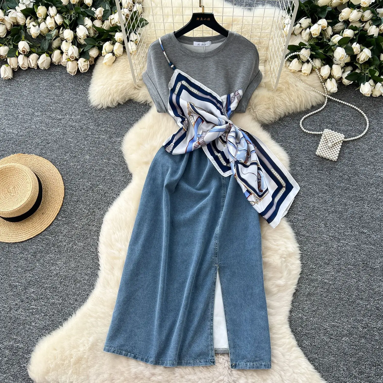 

Mid Length Dress Women Denim Dresses High Waist Vestidos Round Neck Short Sleeve Elegant Splice Y2k Streetwear Work 2025