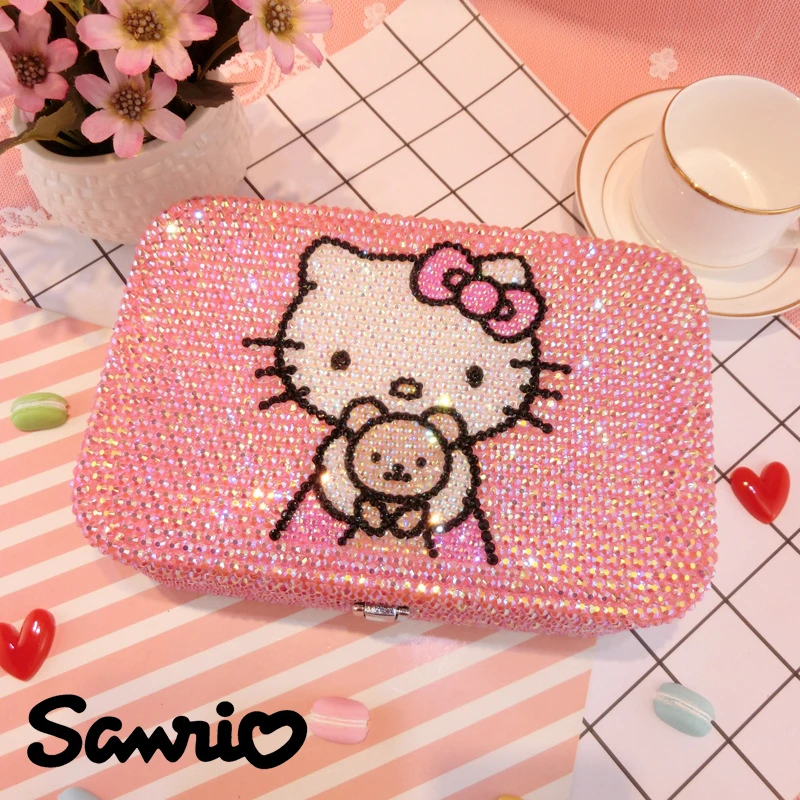 Cartoon Cute Sanrio Rhinestone Mounted Diamond Jewelry Box Cartoon Double-layer Lockable Large Capacity Jewelry Storage Box